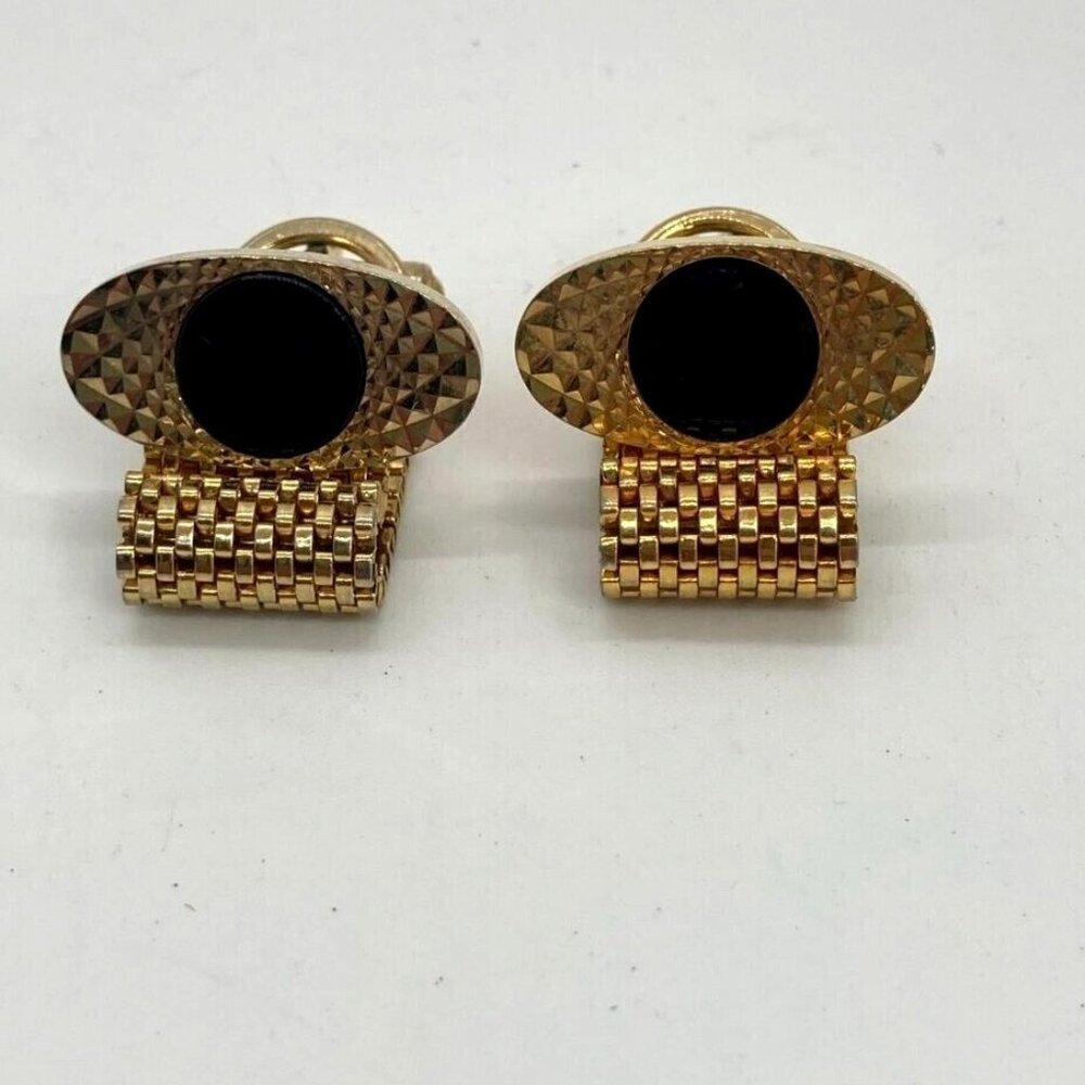 Vintage Diamond Cut Cufflinks Oval Gold Tone Mesh Wrap Around‎ Black Center